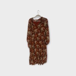 BloomChic Terracotta Floral Long Sleeve Midi Dress